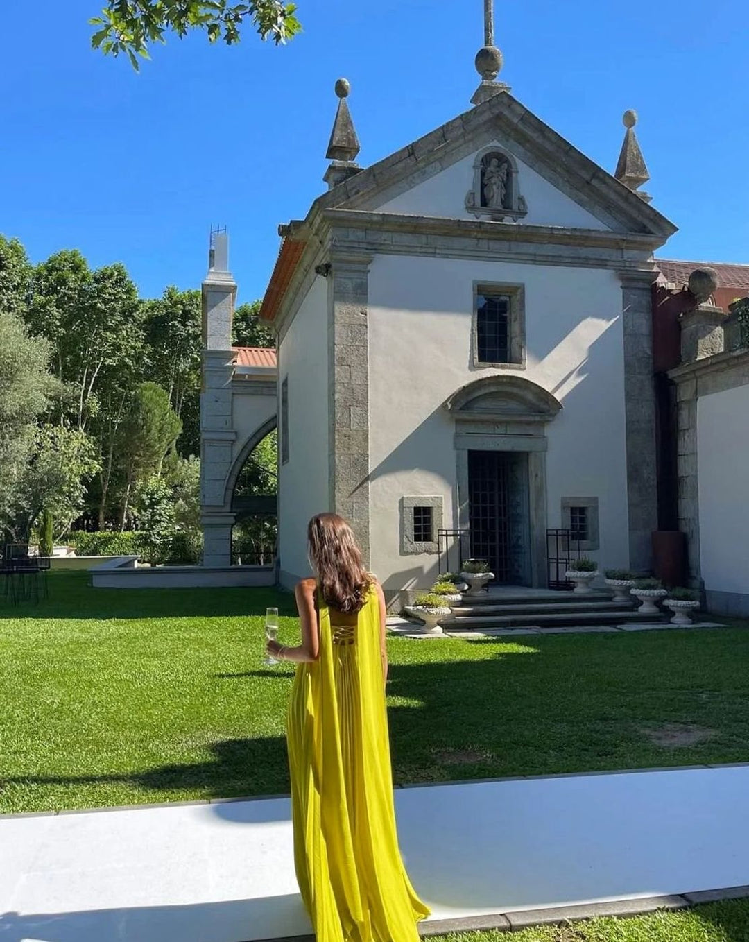 Lily | Women's Yellow Pleated Strapless Halter-Neck Maxi Dress