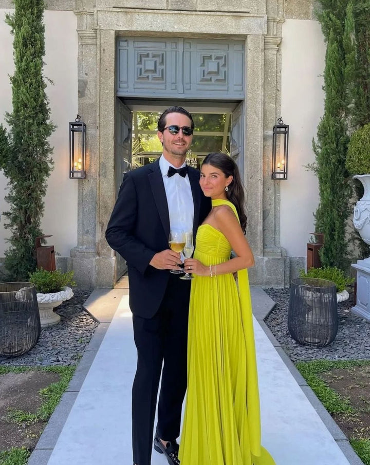 Lily | Women's Yellow Pleated Strapless Halter-Neck Maxi Dress