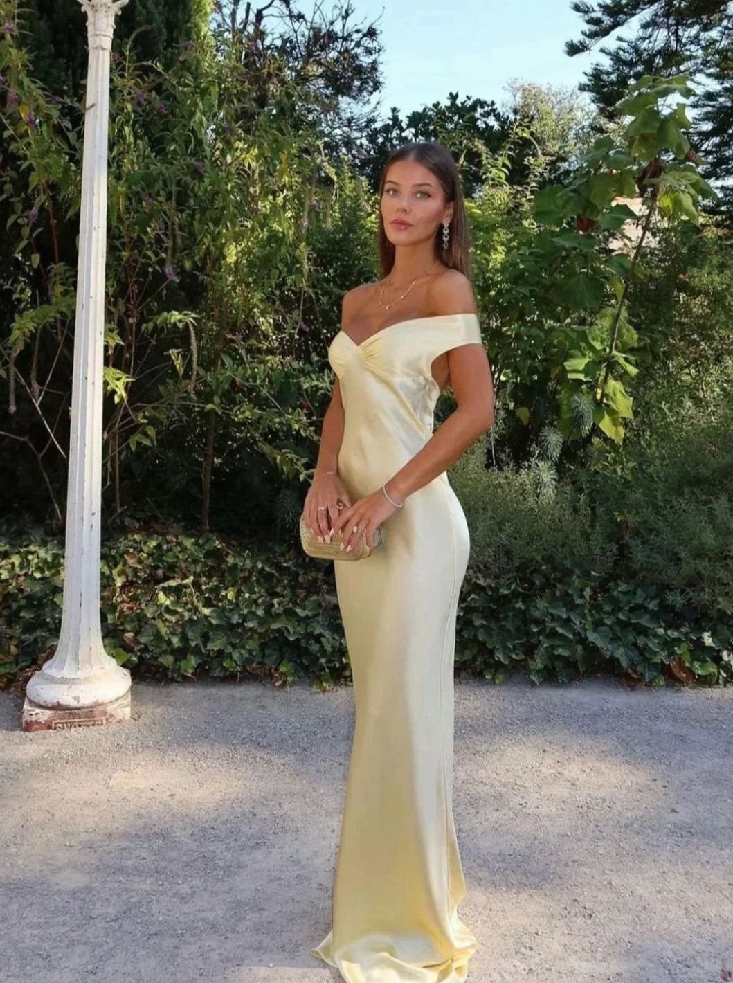 Hazel | Women's Yellow Satin Off-Shoulder Wedding Guest Maxi Dress