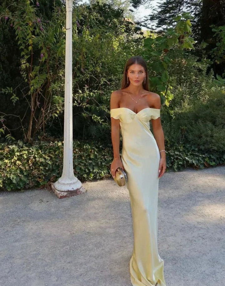 Hazel | Women's Yellow Satin Off-Shoulder Wedding Guest Maxi Dress