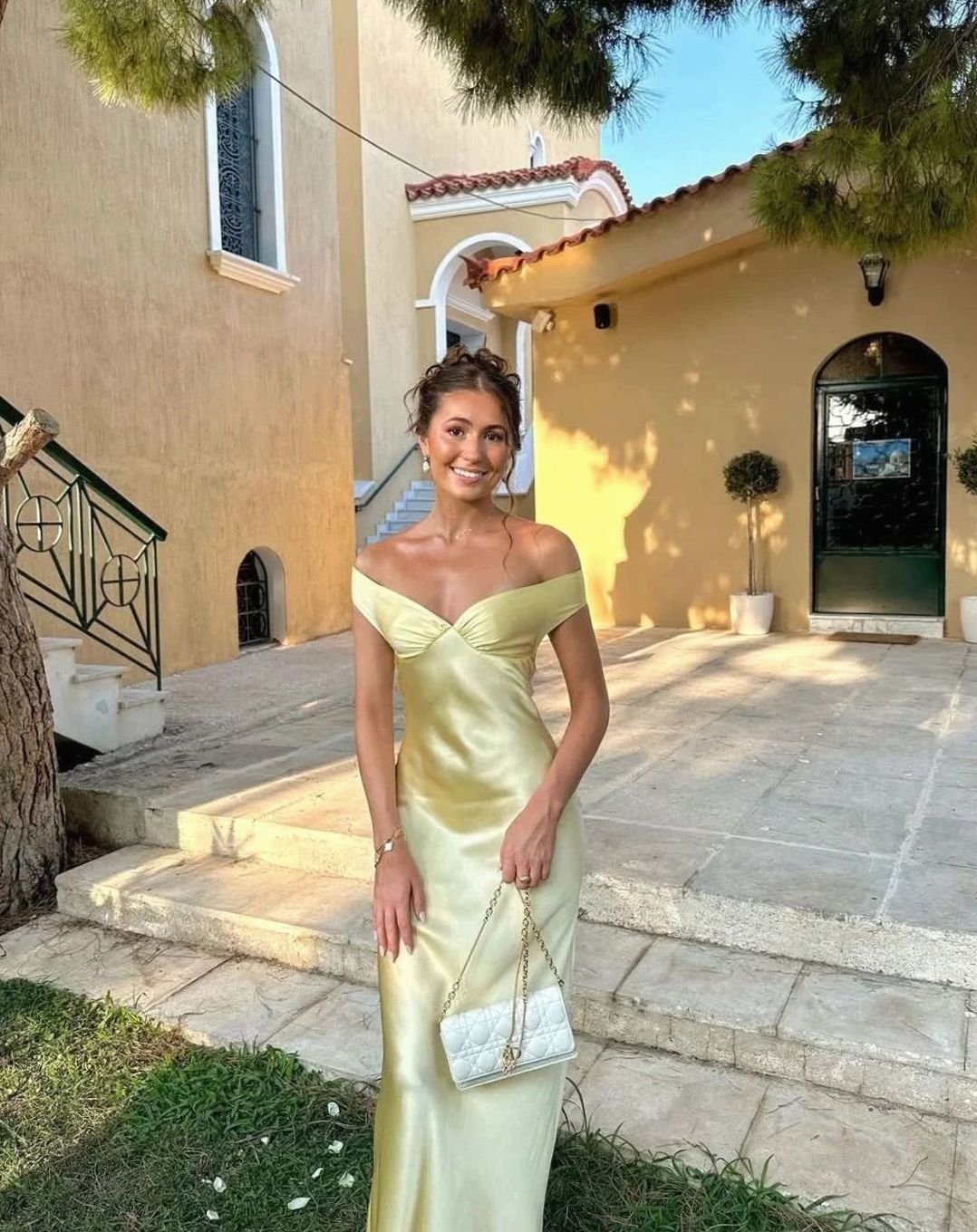 Hazel | Women's Yellow Satin Off-Shoulder Wedding Guest Maxi Dress