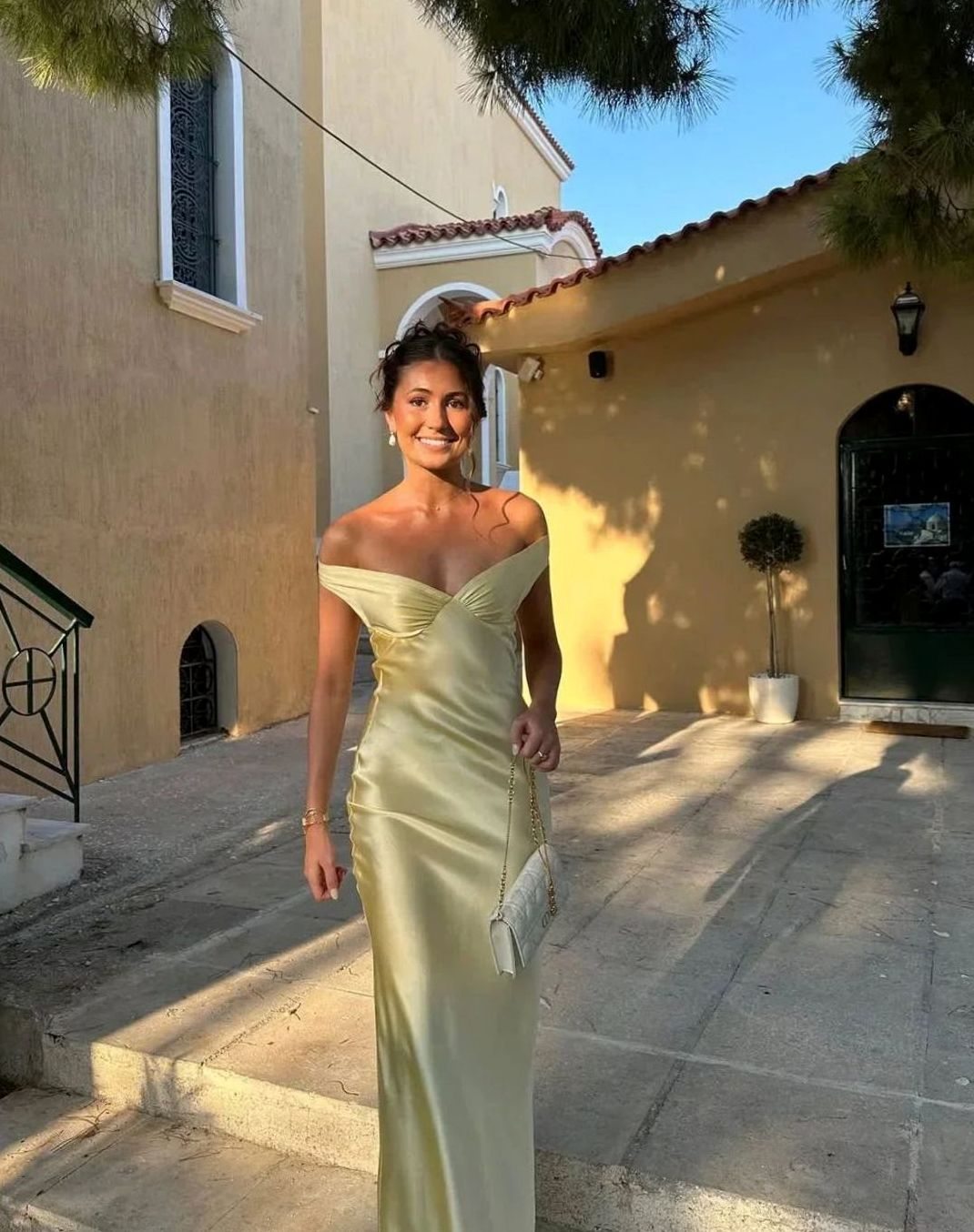 Hazel | Women's Yellow Satin Off-Shoulder Wedding Guest Maxi Dress