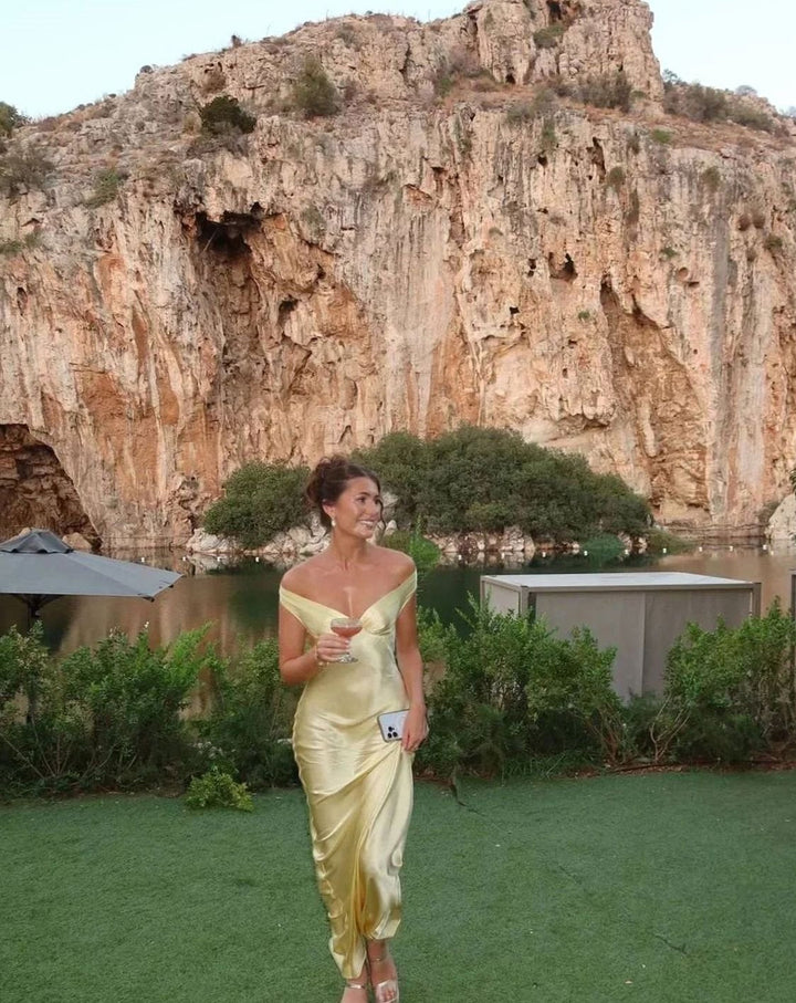 Hazel | Women's Yellow Satin Off-Shoulder Wedding Guest Maxi Dress