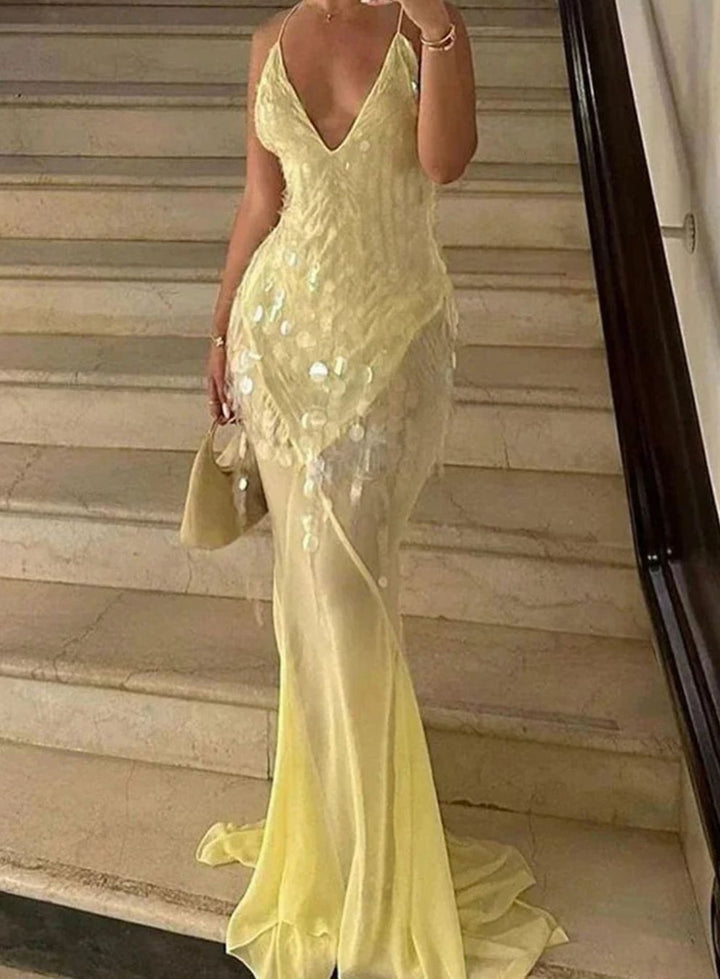 Ella | Women's Yellow Sequin Maxi Dress Open Crossover Back V-Neck