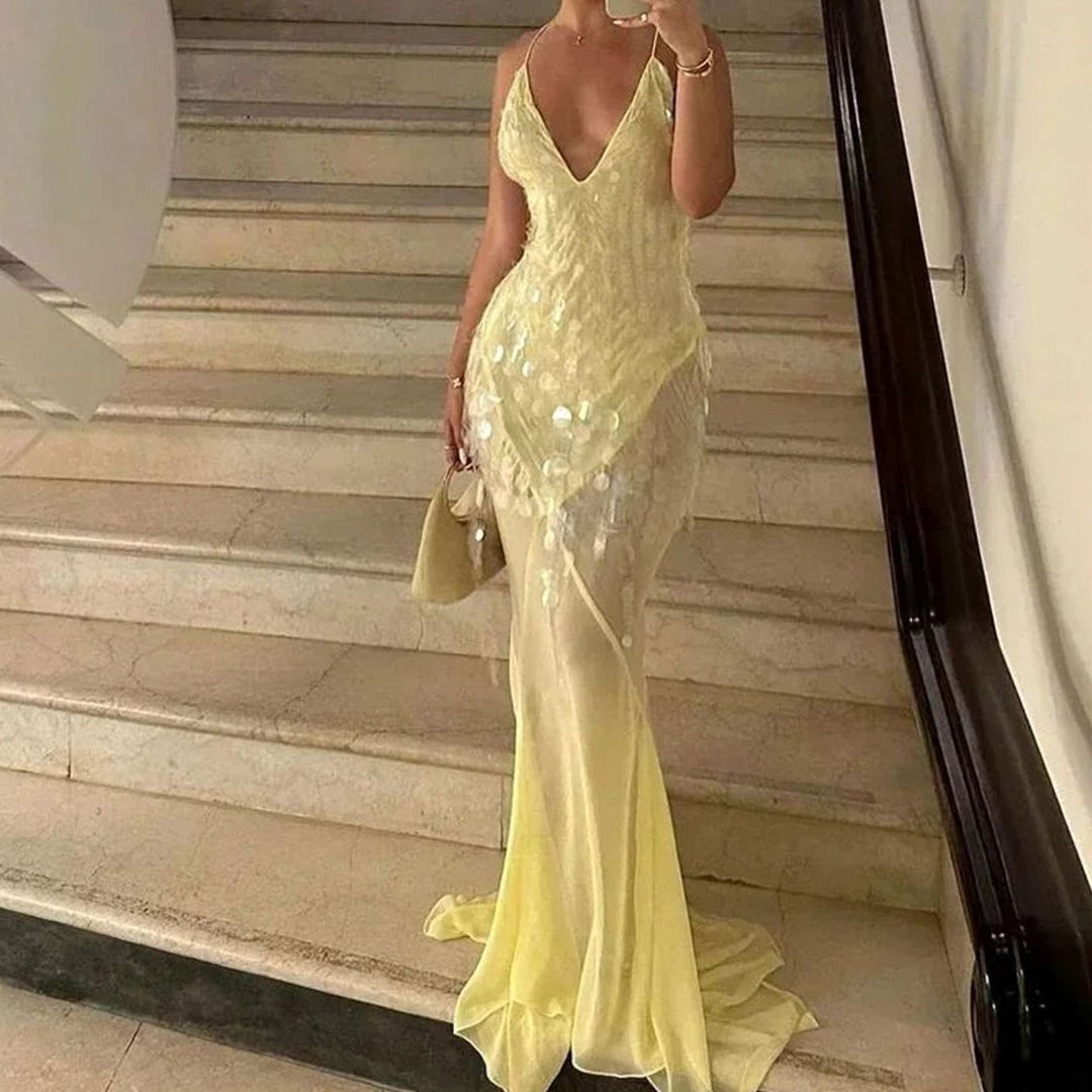 Ella | Women's Yellow Sequin Maxi Dress Open Crossover Back V-Neck